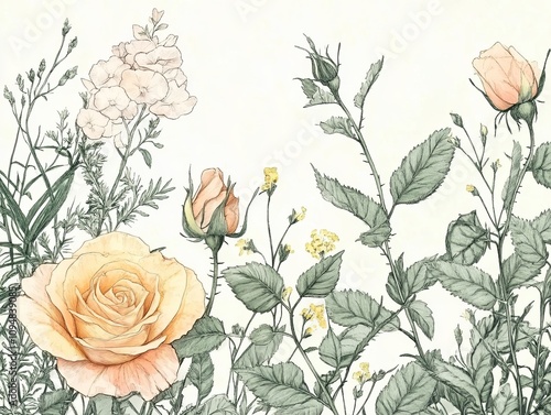 A beautifully illustrated arrangement of blooming roses and wildflowers featuring soft pastel colors, capturing the essence of nature's tranquility.