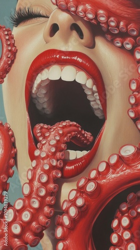 Surreal artwork of a woman's face with vibrant red lips and octopus tentacles, AI photo