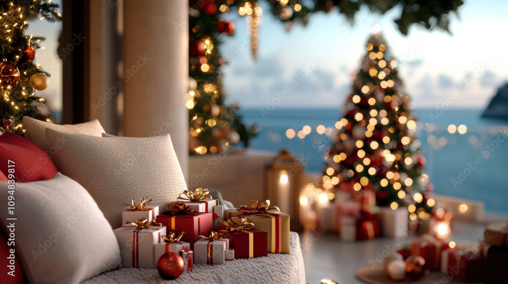 Cozy holiday setting with gifts and twinkling lights by the sea, AI Cozy holiday setting with gifts and twinkling lights by the sea, AI