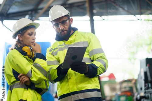 caucasian industrial Engineer manager man wearing eyeglass and helmet discussion with mechanic worker woman while using digital tablet checking industry manufacturing large factory . inspection