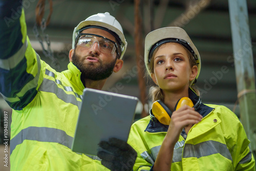 caucasian industrial Engineer manager man wearing eyeglass and helmet discussion with mechanic worker woman while using digital tablet checking industry manufacturing large factory . inspection