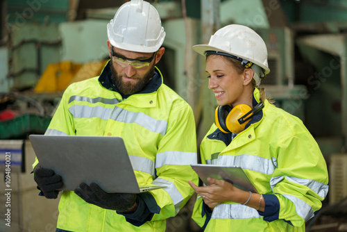 caucasian industrial Engineer manager man wearing eyeglass and helmet discussion with mechanic worker woman while using digital tablet checking industry manufacturing large factory . inspection