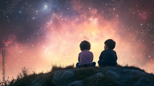 Serene Moment: Twin Siblings Stargazing on a Magical Hilltop at Night