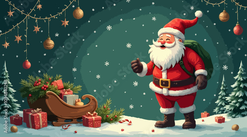 A cartoon illustration of Santa Claus standing in the snow, dressed in a red suit and hat, holding gifts and smiling.
