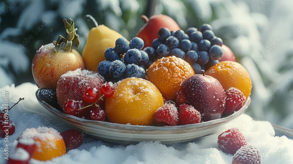 A bowl of fresh fruit, including apples, pears, grapes, oranges, raspberries, and red currants, sits on a snowy surface outdoors. A bowl of fresh fruit, including apples, pears, grapes, oranges, raspberries, and red currants, sits on a snowy surface outdoors.