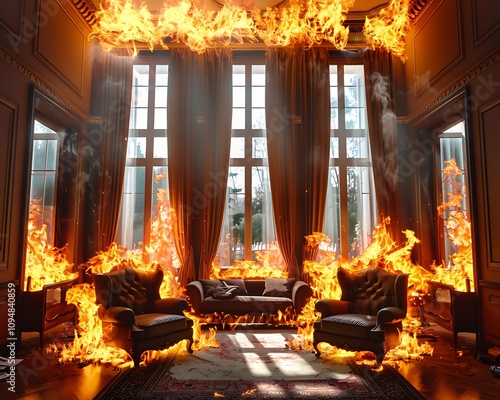 Dramatic fire in the living room of an elegant house, large windows with curtains burning, armchairs and furniture in flames, captured in ultra realistic, cinematic photography. photo