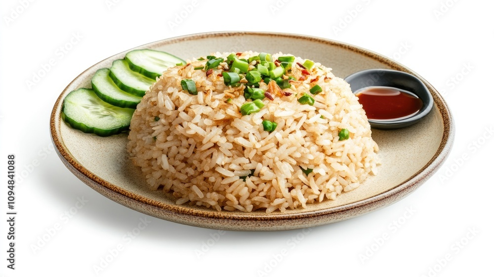 A simple yet elegant plate of fried rice served on a rustic ceramic dish, accompanied by slices of cucumber and a side of sweet soy sauce A simple yet elegant plate of fried rice served on a rustic ceramic dish, accompanied by slices of cucumber and a side of sweet soy sauce