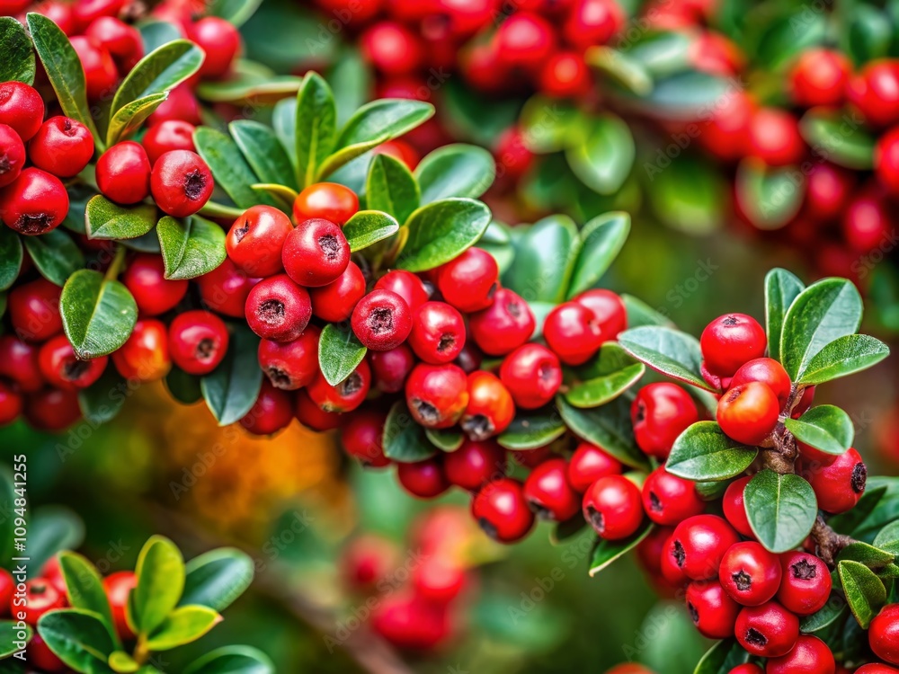 Obraz premium Beautiful Candid Photography of Rockspray Cotoneaster in a Natural Garden Setting, Showcasing Its Vibrant Red Berries and Lush Green Foliage, Perfect for Nature Enthusiasts and Botanists