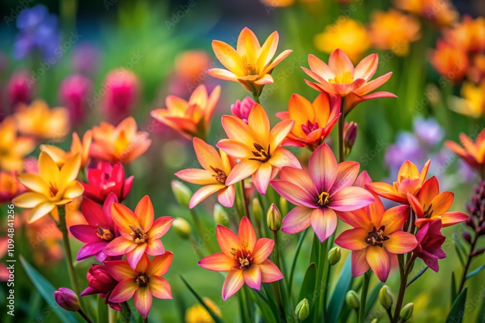Beautiful Candid Photography of Ixia Flowers in Bloom, Capturing Their Vibrant Colors and Natural Beauty in a Lush Garden Setting for Stock Photo Use Beautiful Candid Photography of Ixia Flowers in Bloom, Capturing Their Vibrant Colors and Natural Beauty in a Lush Garden Setting for Stock Photo Use