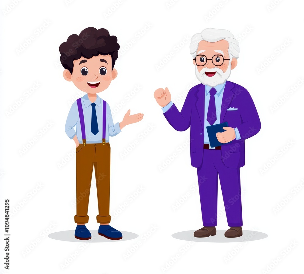A modern cartoon illustration featuring a young man and a senior man, both isolated on a white background. The handsome young guy in a shirt is smiling, while the elderly male character with gray A modern cartoon illustration featuring a young man and a senior man, both isolated on a white background. The handsome young guy in a shirt is smiling, while the elderly male character with gray