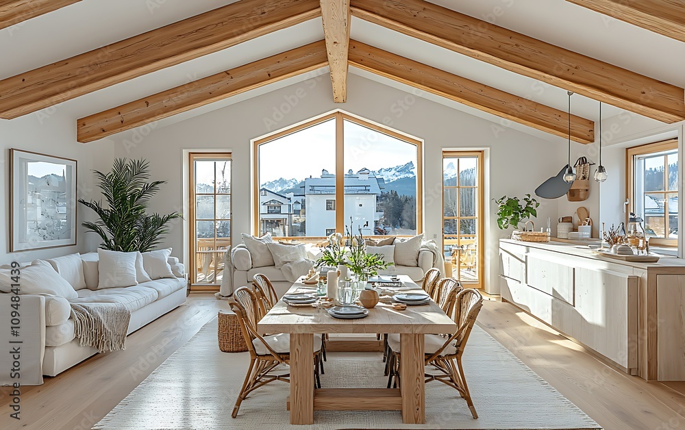 Fototapeta premium Modern, bright open plan living, dining, kitchen area with mountain views.