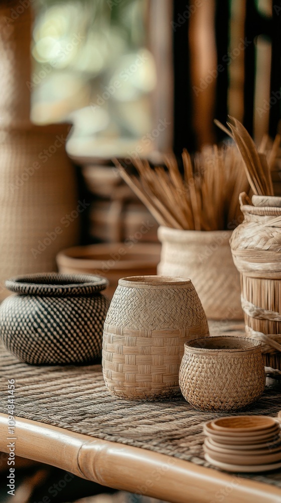 Close-up display of artisanal bamboo products highlighting weaving techniques and textures Close-up display of artisanal bamboo products highlighting weaving techniques and textures