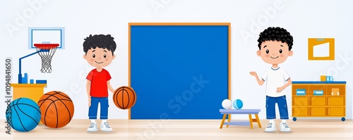 In a spacious school gym, two boys in contemporary sportswear are prepared for sports activities, surrounded by basketballs, a hoop, a soccer goal, benches, and other equipment. photo