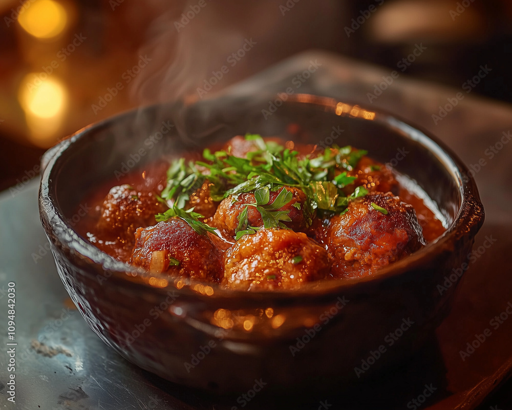 steaming meatballs in a rustic clay pot, topped with fresh parsley against a warm backdrop steaming meatballs in a rustic clay pot, topped with fresh parsley against a warm backdrop