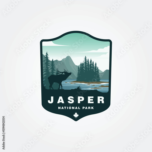 jasper national park of canada vector logo design with elk on foreground