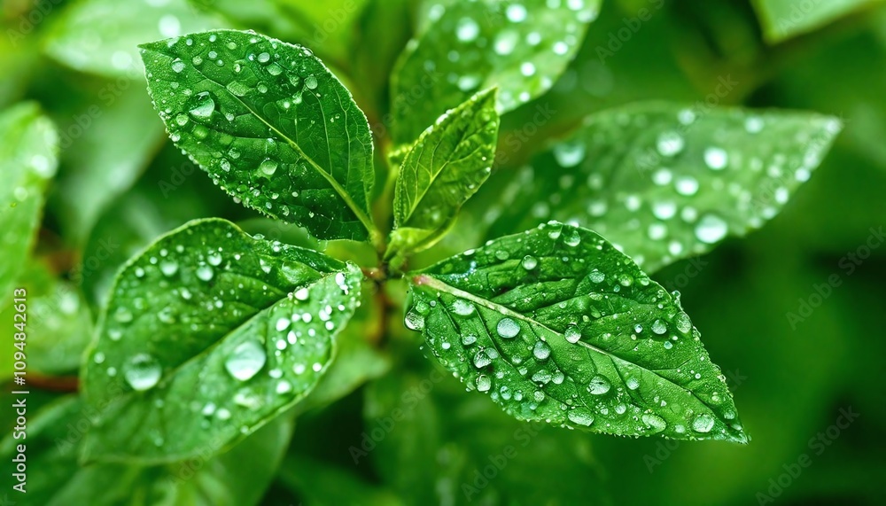 Closeup of lush green leaves with dew drops. Closeup of lush green leaves with dew drops.