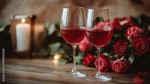 Romantic setting with red roses and wine glasses for Valentine's Day celebration