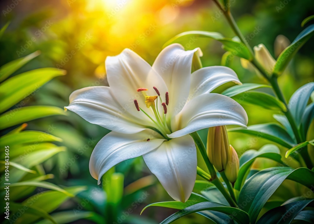 Beautiful White Lily Flower in Full Bloom Against a Soft Focus Background, Showcasing Its Delicate Petals and Vibrant Green Leaves, Perfect for Nature and Floral Photography Beautiful White Lily Flower in Full Bloom Against a Soft Focus Background, Showcasing Its Delicate Petals and Vibrant Green Leaves, Perfect for Nature and Floral Photography
