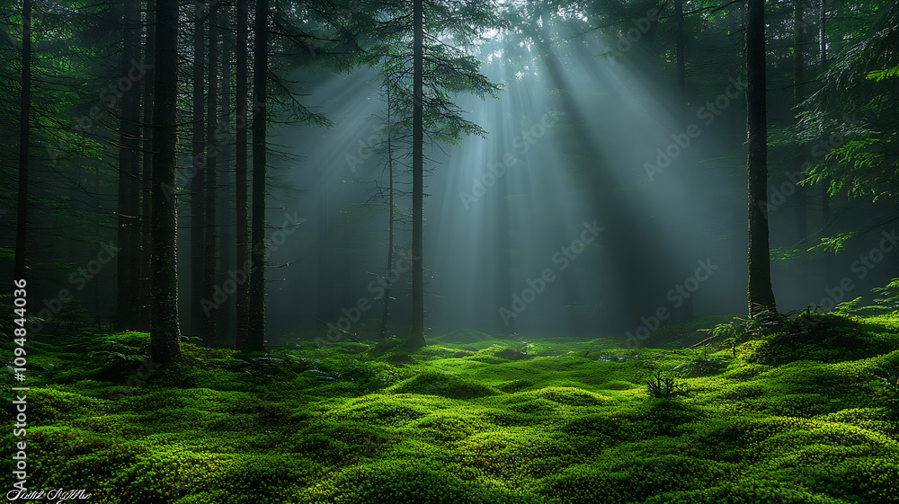 Fototapeta premium Peaceful forest landscape with sunlight shining through dense leaves