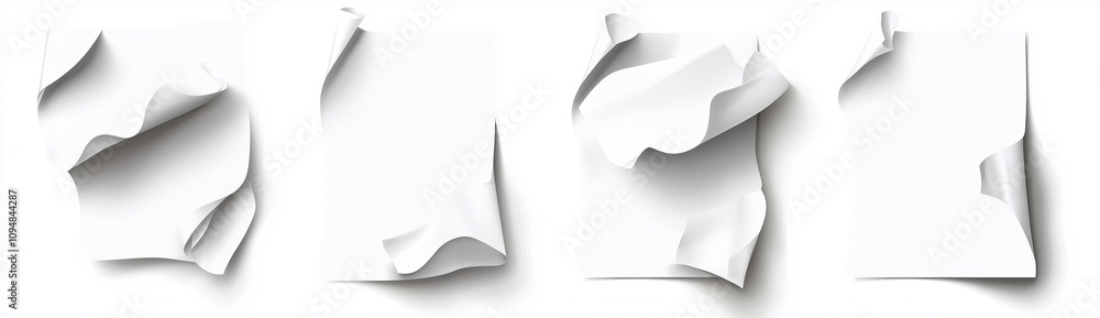 A realistic 3D modern illustration showing a flying paper sheet from various angles, featuring curved white blank pages floating in the air, resembling a falling document or letter mockup with empty A realistic 3D modern illustration showing a flying paper sheet from various angles, featuring curved white blank pages floating in the air, resembling a falling document or letter mockup with empty