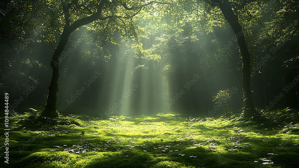 Peaceful forest landscape with sunlight shining through dense leaves Peaceful forest landscape with sunlight shining through dense leaves