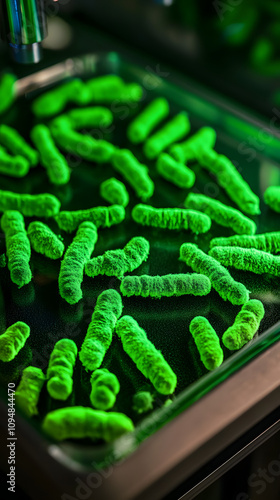 A highly magnified image of beneficial bacteria cells, depicted in vibrant green, showcasing their microscopic structure and emphasizing their vital role in health, digestion, and environmental sustai photo