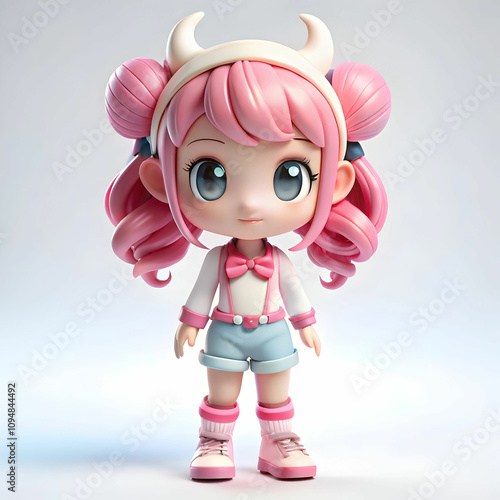 A 3D full-body figurine of a girl with pink hair, small horns, earrings, and shorts, styled as a trendy Popmart blind box toy. photo