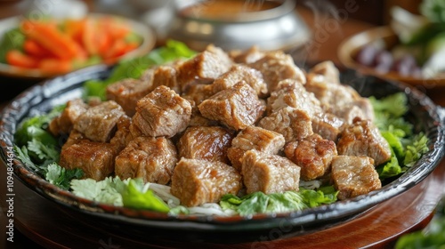 A steaming platter of crispy pork with glistening skin, served on a traditional Thai-style table setting, evoking a sense of warmth and flavor.