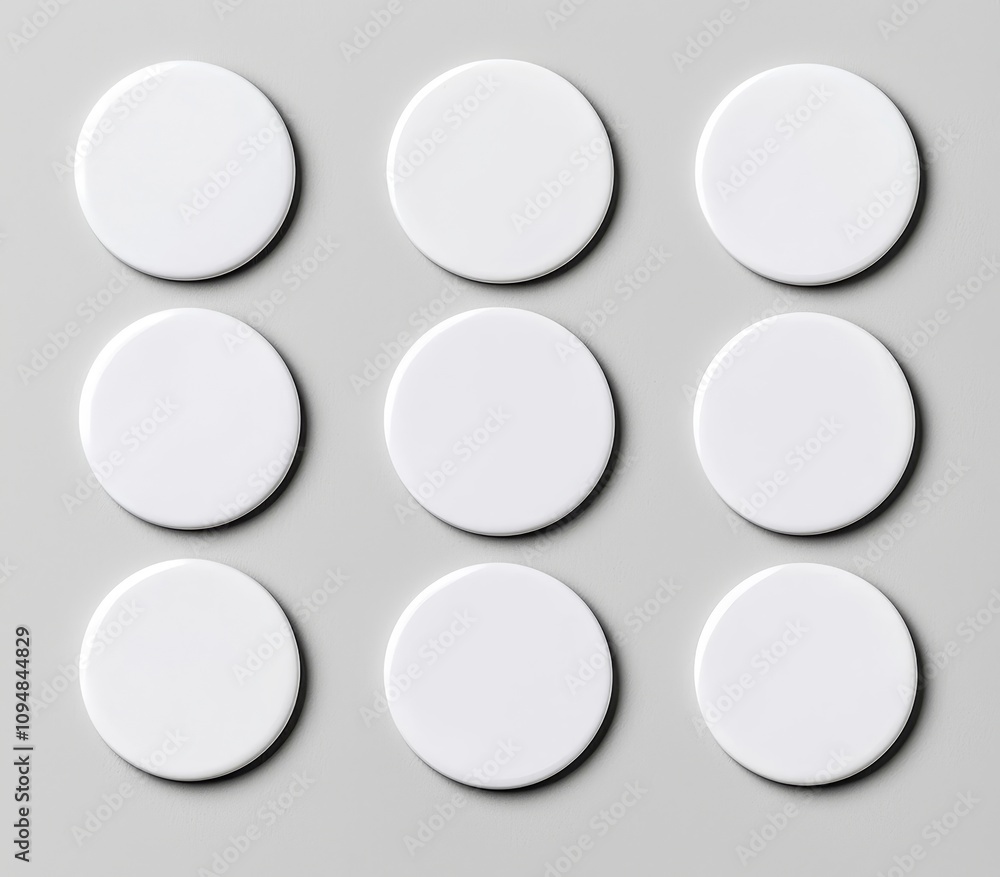 A 3D realistic modern set of empty merchandise templates featuring white blank pin badge mockups for promotion and advertising. The glossy brooch tags are available in different shapes: round, A 3D realistic modern set of empty merchandise templates featuring white blank pin badge mockups for promotion and advertising. The glossy brooch tags are available in different shapes: round,