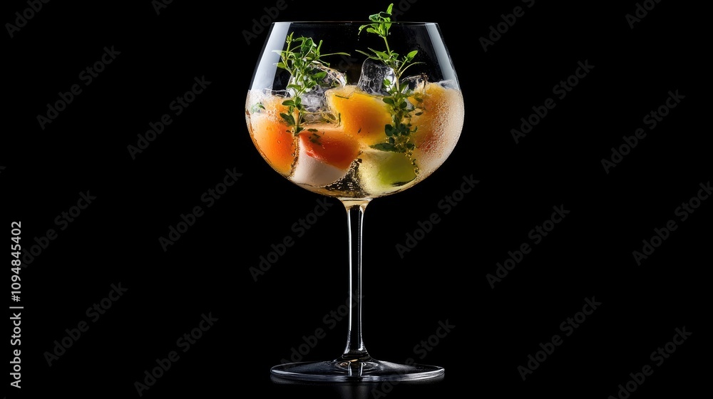 A stylish cocktail glass filled with soda, garnished with fresh fruit slices and herbs, showcasing a sophisticated and refreshing drink option. A stylish cocktail glass filled with soda, garnished with fresh fruit slices and herbs, showcasing a sophisticated and refreshing drink option.
