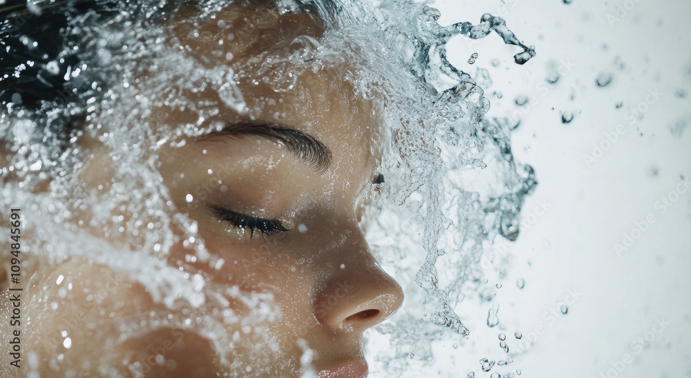 A beautiful woman with water flowing down her face, against a white background A beautiful woman with water flowing down her face, against a white background