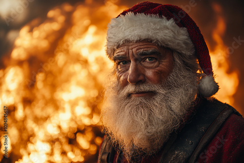 Generative AI image of horror-themed Santa Claus beyond burning fmale portraying a terrifying Christmas character photo