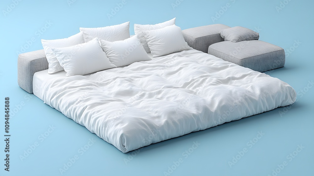 Minimalist isometric furniture design in 3D showcasing a bed with pillows, a contemporary armchair, and a modern sofa Minimalist isometric furniture design in 3D showcasing a bed with pillows, a contemporary armchair, and a modern sofa