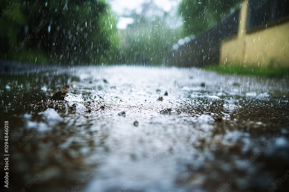 Fototapeta premium Rain-Soaked Urban and Natural Scenes with Reflections, Lush Greenery, and Soft Light Capturing the Freshness and Serenity of Post-Rain Environments