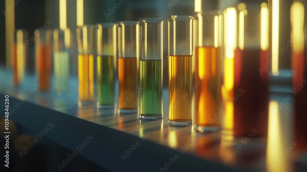 Test tubes filled with vibrant liquids are neatly arranged on a lab countertop. The evening light creates a stunning glow, enhancing the colors of the liquids as a science experiment unfolds. Test tubes filled with vibrant liquids are neatly arranged on a lab countertop. The evening light creates a stunning glow, enhancing the colors of the liquids as a science experiment unfolds.