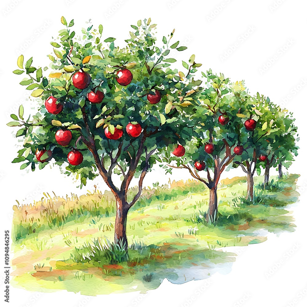 Fototapeta premium Watercolor Painting of Apple Trees in an Orchard, Idyllic Rural Landscape.