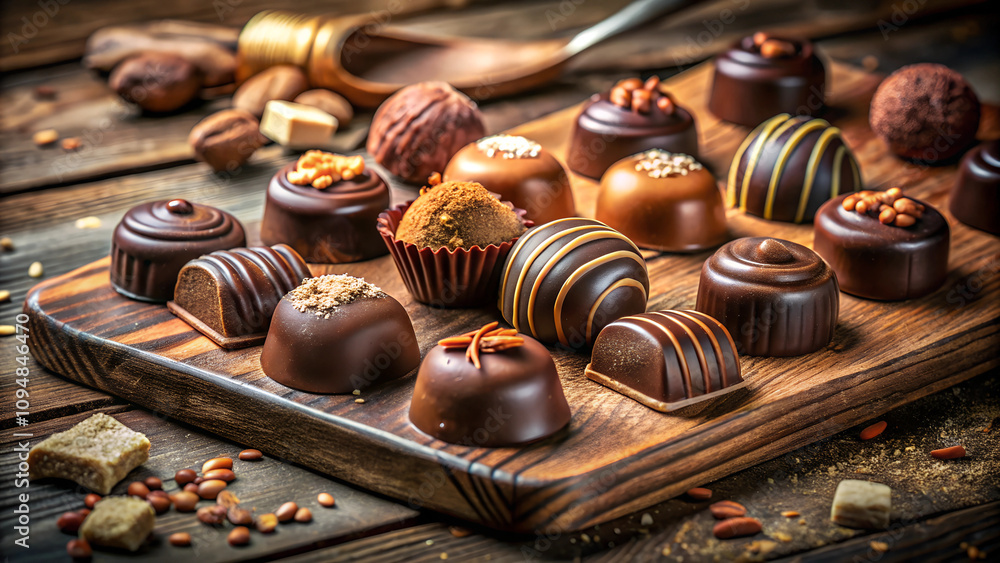 Photorealistic handmade chocolates with rustic shapes, cocoa dust, nut, and caramel coatings on wooden board in warm lighting Photorealistic handmade chocolates with rustic shapes, cocoa dust, nut, and caramel coatings on wooden board in warm lighting