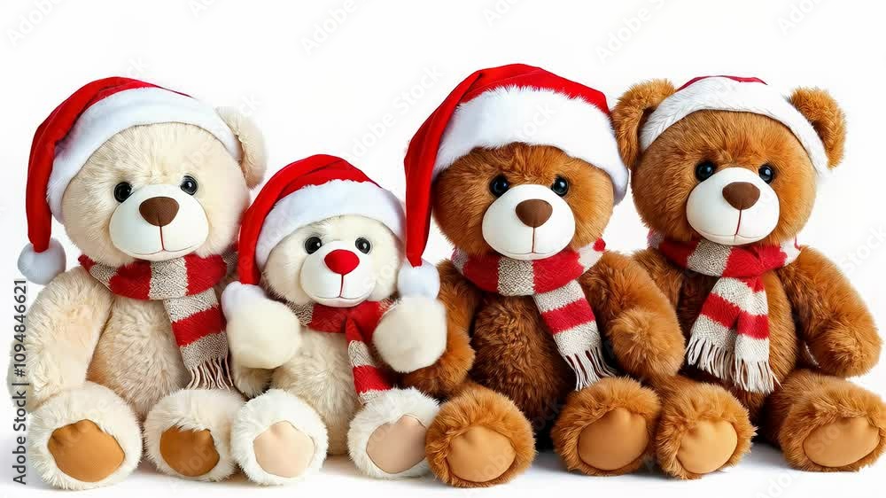 A cute teddy bear wearing a Santa hat and a festive striped scarf, set against a bright white background. Perfect for Christmas themes, holiday decorations, or festive greetings. A cute teddy bear wearing a Santa hat and a festive striped scarf, set against a bright white background. Perfect for Christmas themes, holiday decorations, or festive greetings.