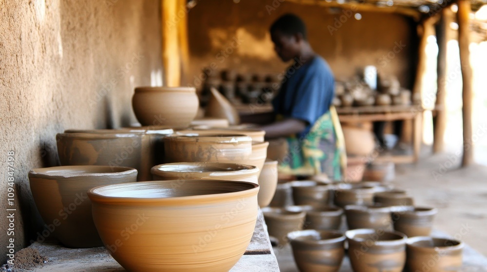 Potter shaping clay in a Swazi studio, capturing the artistry of craftsmanship Potter shaping clay in a Swazi studio, capturing the artistry of craftsmanship