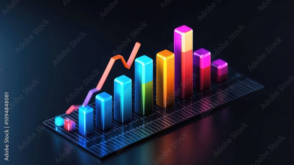 A vibrant 3D bar chart displaying fluctuating data in various colors, set against a sleek, dark background that highlights the chart's dimensionality. A vibrant 3D bar chart displaying fluctuating data in various colors, set against a sleek, dark background that highlights the chart's dimensionality.