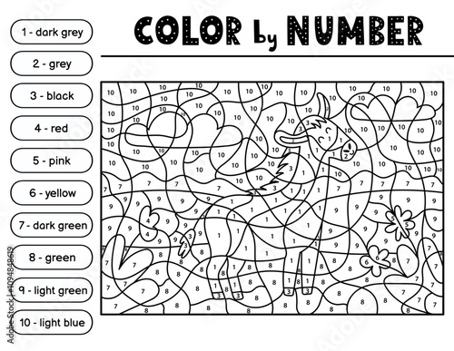 Color by number black and white activity page for kids with a cute donkey. Farm animal scene puzzle game in outline. Vector illustration