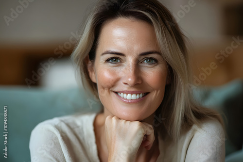 Close up portrait happy mature woman put chin on hand posing indoors, looking at camera, having white teeth and attractive appearance, advertises medical insurance cover for olders and dental services photo