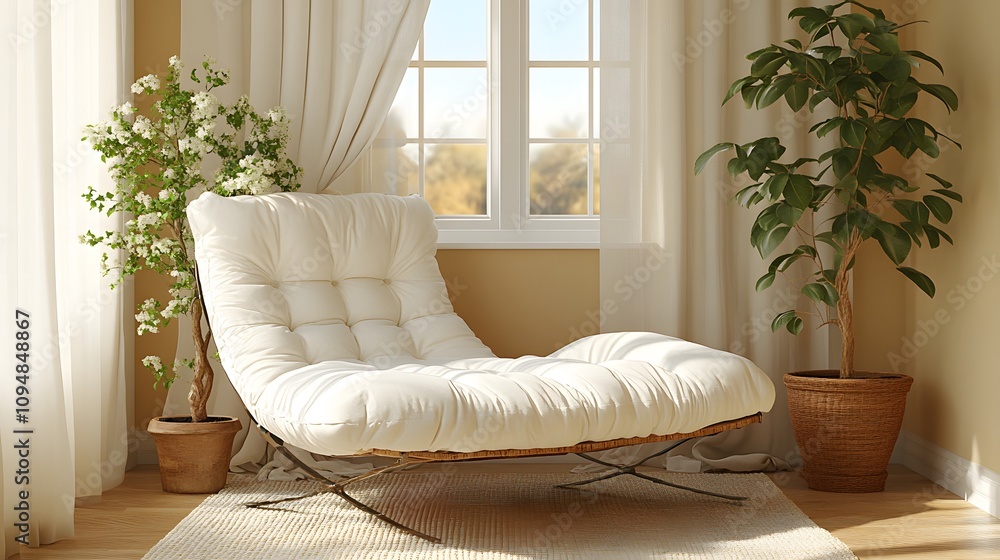 Spacious and bright living room with modern furniture, neutral colors, and a warm glow from natural light Spacious and bright living room with modern furniture, neutral colors, and a warm glow from natural light
