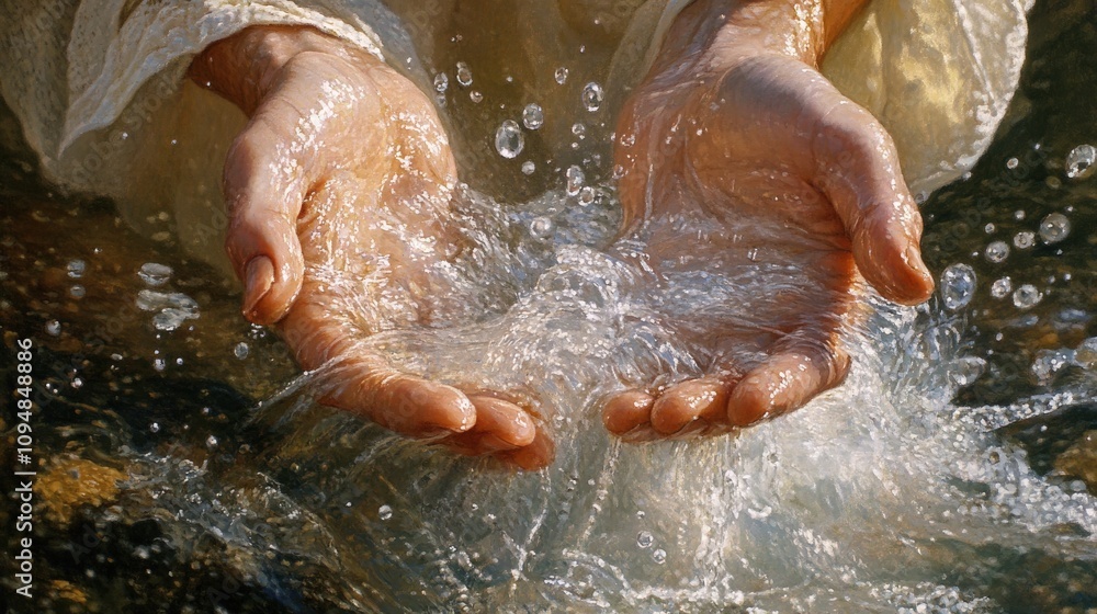 Fototapeta premium Hands Cupping Flowing Water With Bubbles