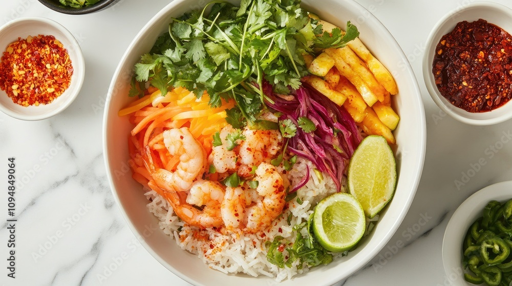 A vibrant bowl of fried rice featuring an assortment of colorful vegetables and shrimp, beautifully garnished with lime and chili flakes. A vibrant bowl of fried rice featuring an assortment of colorful vegetables and shrimp, beautifully garnished with lime and chili flakes.