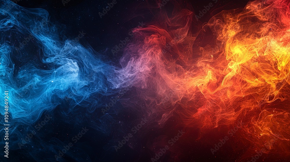 This striking image represents a cosmic clash of fiery and cool elements, creating a vivid representation of contrast and energy in the abstract universe's realm. This striking image represents a cosmic clash of fiery and cool elements, creating a vivid representation of contrast and energy in the abstract universe's realm.