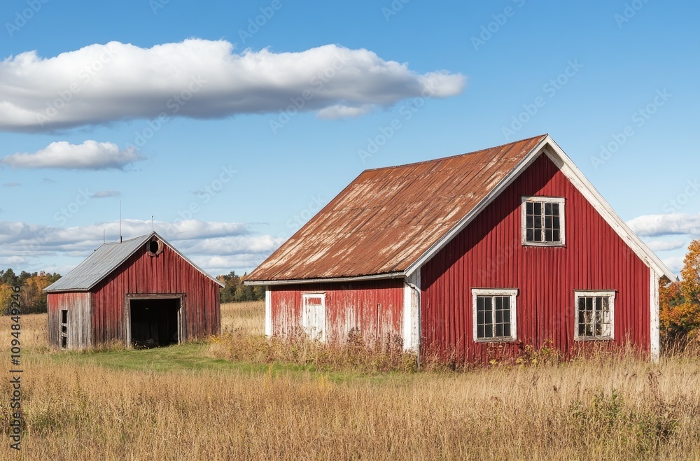 an old red wooden house with white walls and brown roof in Sweden, a green grass field, and a blue sky an old red wooden house with white walls and brown roof in Sweden, a green grass field, and a blue sky