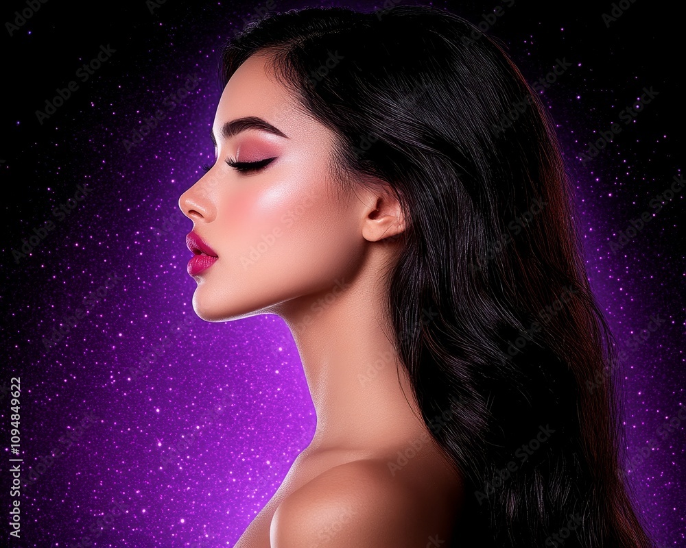 Beautiful Woman Profile Long Hair Purple Glitter Background Cosmetics Beauty Skincare Fashion Beautiful Woman Profile Long Hair Purple Glitter Background Cosmetics Beauty Skincare Fashion
