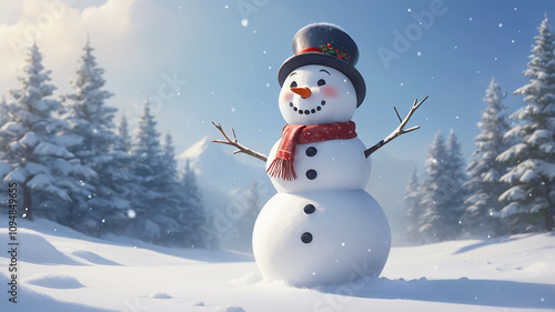 Christmas seasonl dressed snowman in the winter with snow fall photo