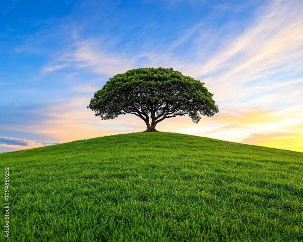 Serene Sunset Lone Tree on Grassy Hill Peaceful Nature Scene Serene Sunset Lone Tree on Grassy Hill Peaceful Nature Scene